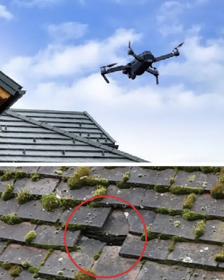 Drone en vol au-dessus d'une toiture, avec en encart une tuile fendue entourée en rouge
