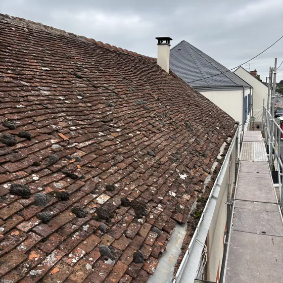 Toiture en tuiles anciennes, travail depuis l'échafaudage